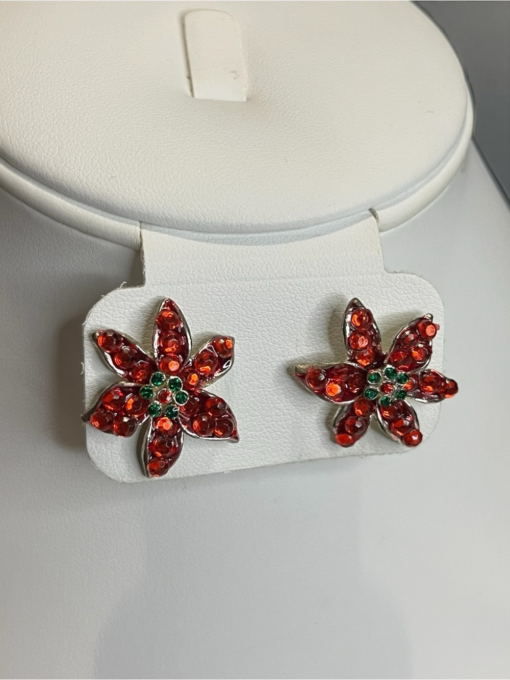 Kirks Folly Red Poinsettia Flower Crystal Stud Earrings